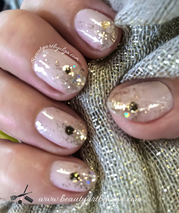 Nude Nails with Gold Ombre Glitter Fade