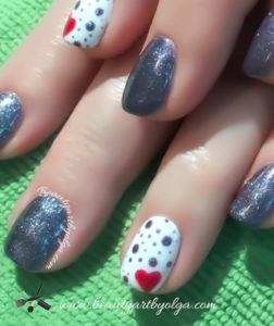 Sparkly Grey Nails with White Accent Nails with Red Hearts