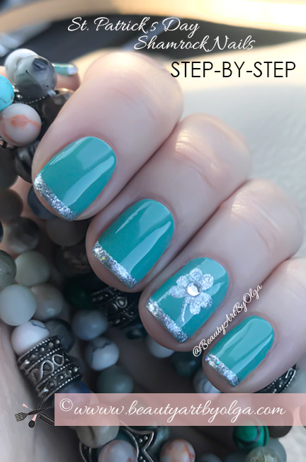 Mint Green St. Patrick's Day Nails with Sparkly Metallic Silver French