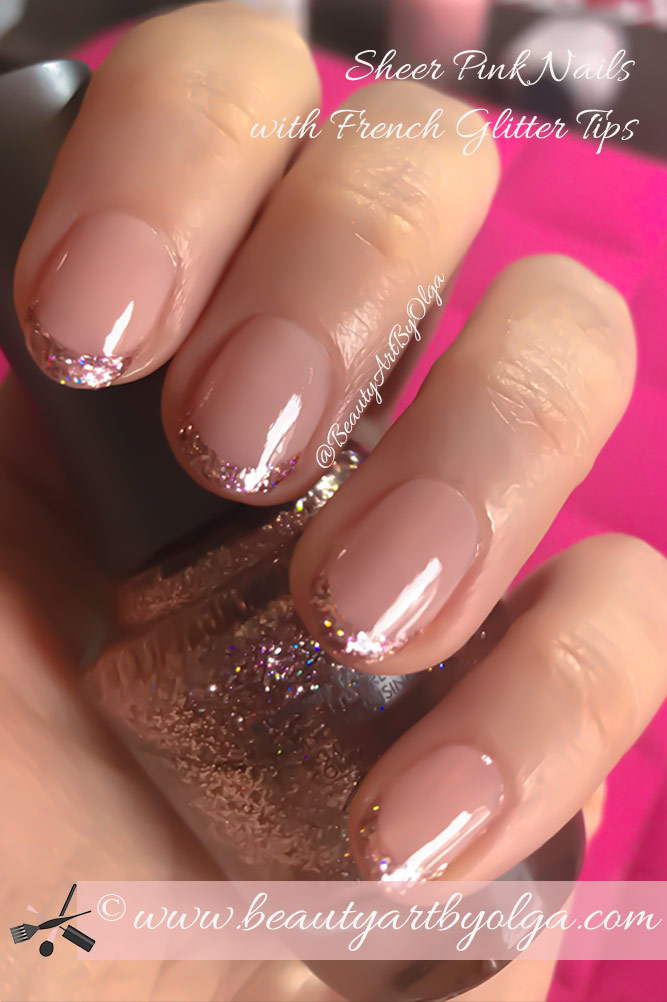 Neutral Pink Nails with Sparkly Pink French Glitter Tips