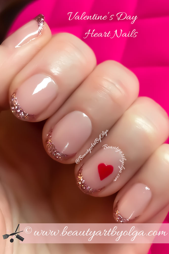 Valentine's Day Nude Pink Nails with Pink Glitter Tips and Red Hearts