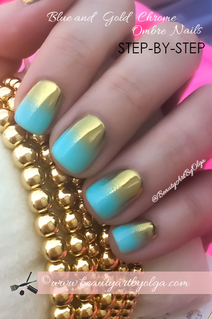 Chrome Nails: Blue and Glod Ombre