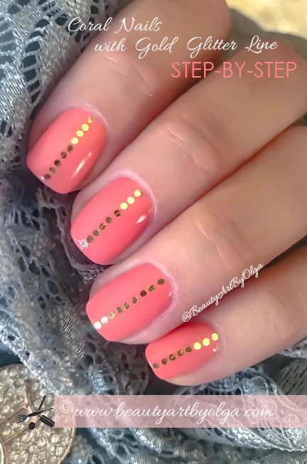 Coral Nails with Chunky Gold Glitter Line
